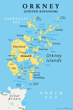 Orkney, or also Orkney Islands, political map. Archipelago of about 70 islands in the Northern Isles of Scotland, situated off the coast of the island of Great Britain with Mainland as largest island.