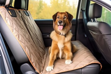 Pet travel with accessory, a car seat cover (Ai generated)