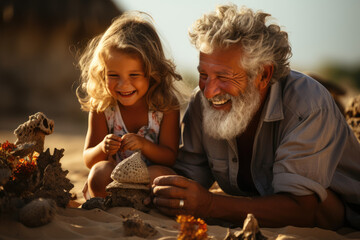 Memories in the Sand: Grandparent and Child Create Joyful Sandcastles on a Seaside Holiday, Filled with Love and Laughter
