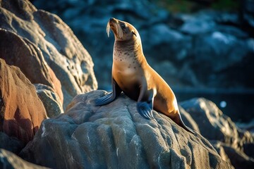 Sea Lion on the rock at the ocean (Ai generated)