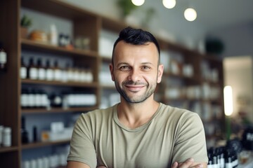 cafe owner portrait business happy shop job service occupation apron work barista employee coffee standing, created using generative AI technology