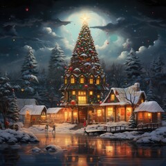 Fototapeta na wymiar Wonderland winter christmas night. Houses xmas tree with snow. Generative AI