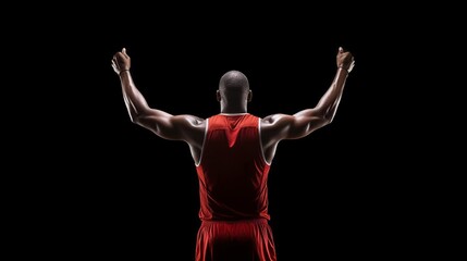 Illustration of a basketball player celebrating victory by raising his hands in a red uniform