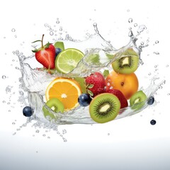 Fototapeta premium Fresh fruits and berries in water splash on white backround. Juicy fruit. Generative AI