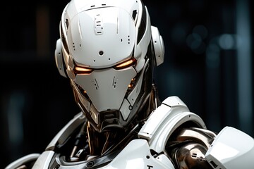 Face portrait of combat android robot with glowing red eyes and white protective elements, sci-fi illustration, AI generated image
