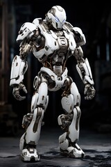 Figure of  a combat android robot with glowing blue eyes and white protective elements, sci-fi illustration, AI generated image