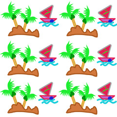 Sailboat in the sea, coconut trees, tropical foliage, vector images for tourism advertising, yacht charter discounts, travel agent representation, and paper-style sales.