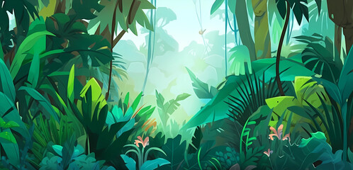 Hand drawn cartoon beautiful tropical rainforest landscape illustration
