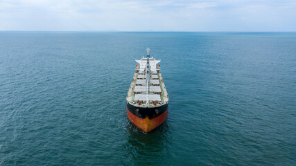 Self-unloading bulk carrier at Rio De La Plata anchorage. Aerial front view.