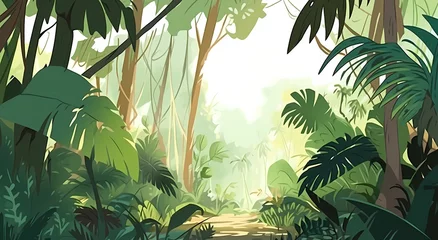Fotobehang Hand drawn cartoon beautiful tropical rainforest landscape illustration  © 俊后生