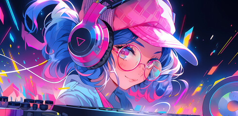 Hand-drawn cartoon beautiful illustration of a DJ music girl wearing headphones
