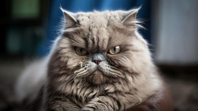 Grimmige Perser Katze mit putzigen b&ouml;sen Blick Nahaufnahme, ai generativ 