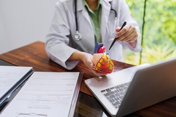 Cardiology Consultation treatment of heart disease. Doctor cardiologist while consultation showing anatomical model on laptop online consultation