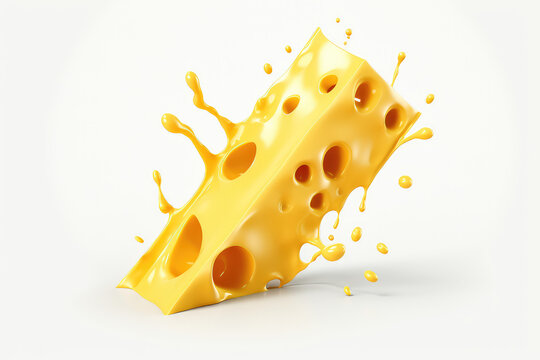 A piece of yellow cheese with holes melts and turns into cheese sauce or melted cheese. Isolated on a white background, yellow splashes and drips. Generative AI 3d render illustration imitation.