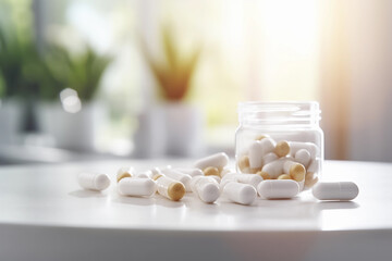 White medical capsules in a glass jar on a white table. Generative AI