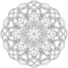 Colouring page, hand drawn, vector. Mandala 210, ethnic, swirl pattern, object isolated on white background.
