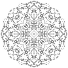 Colouring page, hand drawn, vector. Mandala 210, ethnic, swirl pattern, object isolated on white background.