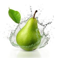 Fototapeta na wymiar Fresh green pear in water splash on white backround. Juicy fruit. Generative AI