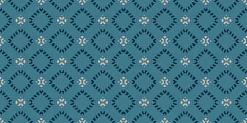 Vector ornamental seamless pattern. Elegant geometric ornament texture with small flower silhouettes, rhombuses, grid. Abstract background. Ethnic tribal motif. Teal color. Repeat decorative design