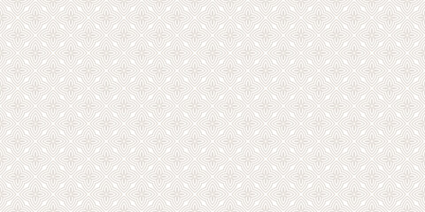 Subtle vector seamless pattern. Simple geometric floral ornament. Abstract ornamental texture with flower silhouettes, petals, curved lines, repeat tiles. Elegant beige and white background design