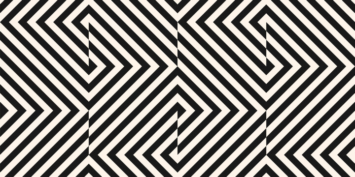 Vector geometric lines seamless pattern. Trendy monochrome texture with diagonal stripes, broken lines, chevron, zigzag, squares, tiles. Simple abstract geometry. Modern black and white geo background
