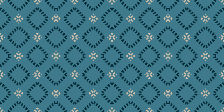 Vector ornamental seamless pattern. Elegant geometric ornament texture with small flower silhouettes, rhombuses, grid. Abstract background. Ethnic tribal motif. Teal color. Repeat decorative design