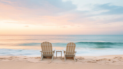 Beach chairs on the beach at sunrise. Light seaside background in neutral pastel colors. Generative AI