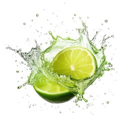 Fototapeta na wymiar Fresh lime in water splash on white backround. Juicy fruit. Generative AI