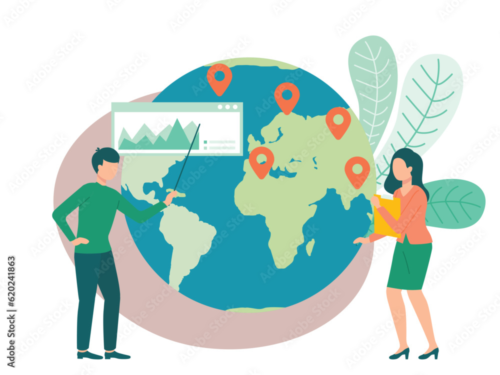 Aufkleber people standing near planet earth with geo marks. characters work with global network and internet, 