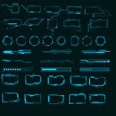 Futuristic ui interface elements. Holographic hud user interface elements, hi-tech bars and frames. Hud interface icon vector illustration set. Circle and rectangle shape borders.