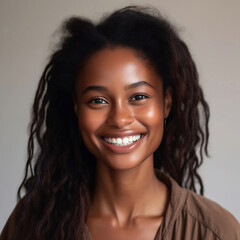 Portrait of a smiling woman with dreadlocks. Image generated by AI.
