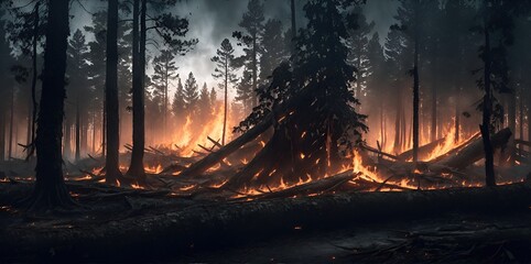 Forest fire in pine plantations. The flames begin to damage the barrel. The entire area is engulfed in flames.