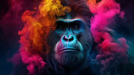 Illustration of a gorilla with abstract colorful smoke