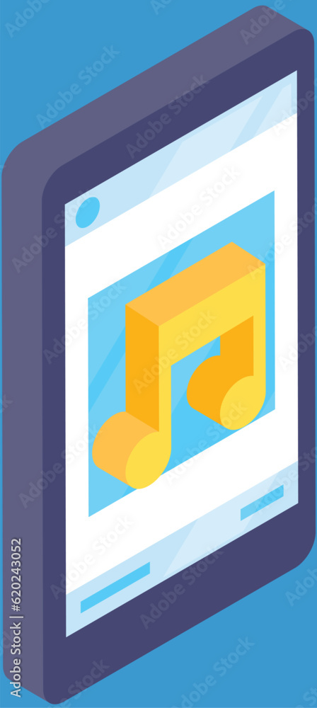 Poster mobile application interface music player. modern telephone with note on screen playing audio or rad