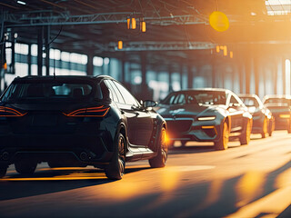 auto assembly line of cars in a factory bokeh. ai generative