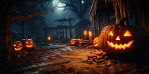 Halloween Pumpkins On Wood In A Spooky Forest At Night, generative ai