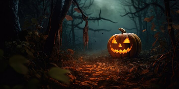 Halloween background. Spooky pumpkin with moon and dark forest. Halloween design with copyspace, generative ai