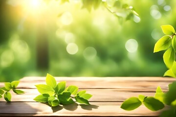 Beautiful Spring Background with Green Lush young foliage and an empty wooden table outdoors. Natural template with bokeh beauty and sunshine Generative AI