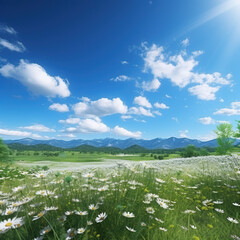 Midsummer landscape with blue skies, fluffy clouds and green grass. Generative AI.