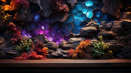 Photo of a stage set with plants and rocks on it and neon  honeycomb wall - obrazy, fototapety, plakaty