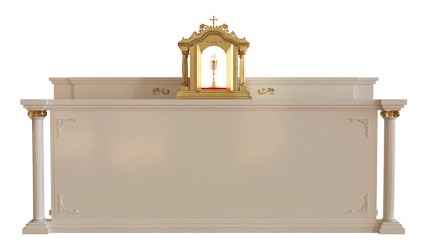The tabernacle on the altar containing the consecrated host and the chalice with the consecrated wine, which are truly the Body and Blood of Our Lord Jesus Christ - 3D Illustration