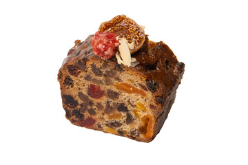 A cake with dried fruits, raisins almonds, dried strawberry.