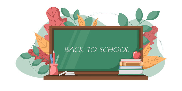 recommend clip art: Back to school vector background. School board with education items, supplies and autumn leaves in the back. Educational vector illustration for school start, cards, banners, flyers, invitation