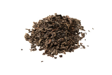 Dried tea leaves isolated on a white background.