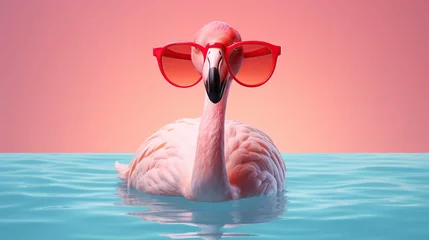 Fensteraufkleber Flamingo wearing a straw hat © vie_art