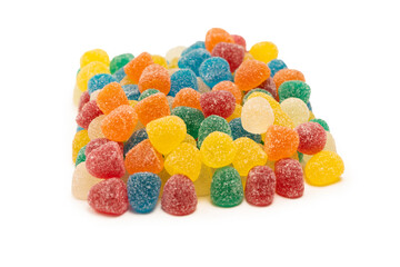 Assorted colorful gummy candies isolated on a white background.