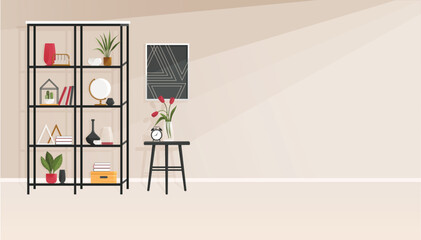 Modern cozy and stylish apartment design. Rack with decor items for interior decoration, bookshelf with potted plants, box and books. Coffee table and shelf with decorations. Office or home furniture