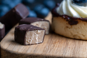 Cocoa and sugar chocolates, close up