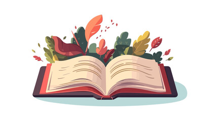 Open book with leaves,  flat cartoon isolated on white background. Vector illustration 