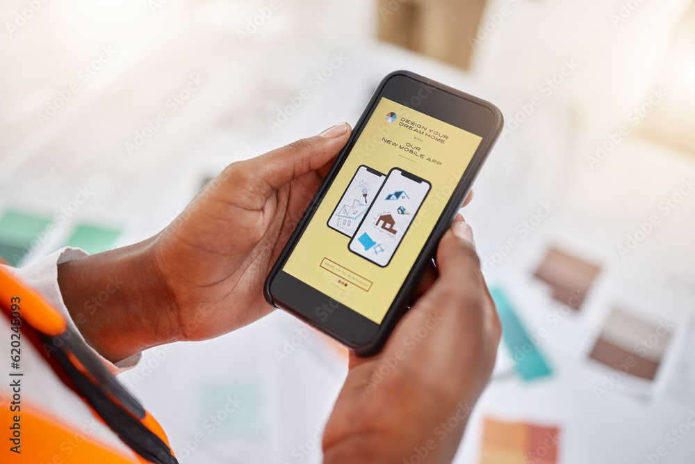 Poster Phone, hands and creative with an architect in the office closeup from above for home design. Mobile, architecture and tutorial with a designer reading information while planning a house renovation